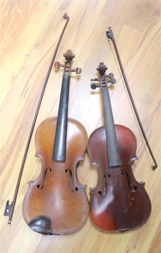 A J. Thibouville-Lamy labelled violin, another and two bows
